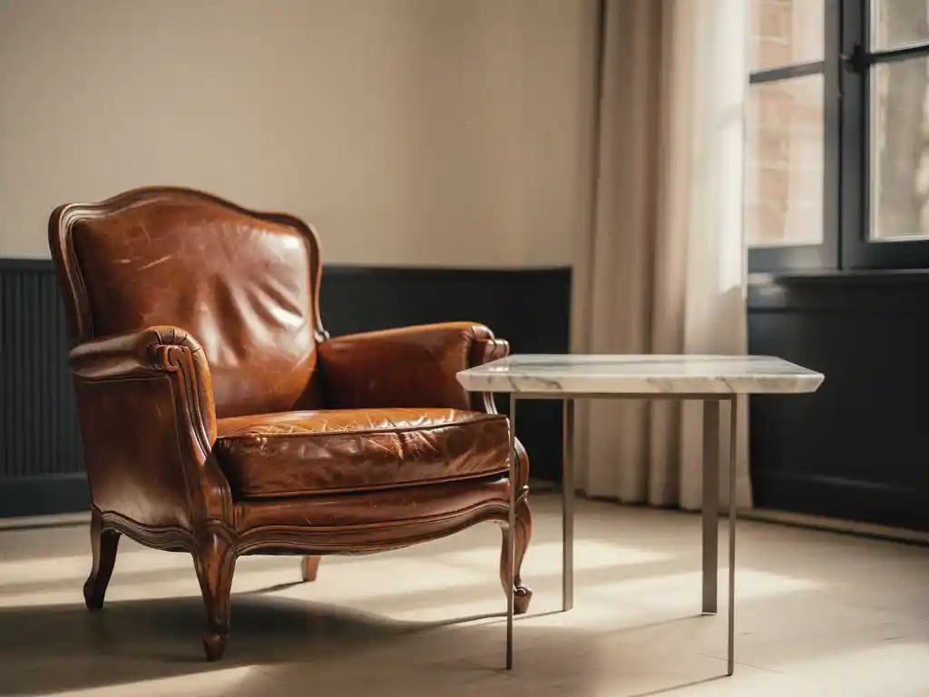 Vintage fauteuil met cognackleurig leer naast marmeren bijzettafel in een Haagse woonkamer, zacht middaglicht.