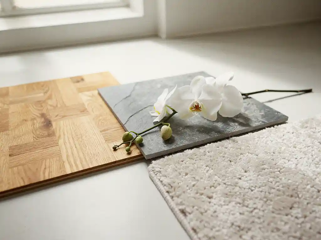 Drie vloermonsters van eiken parket, grijze steentegel en tapijt in warm zonlicht, met een witte orchideeëntak eroverheen.