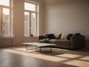 Grote bank tegen de muur gedrukt in een ongebalanceerde Nederlandse woonkamer met marmeren salontafel te ver van de zithoek.