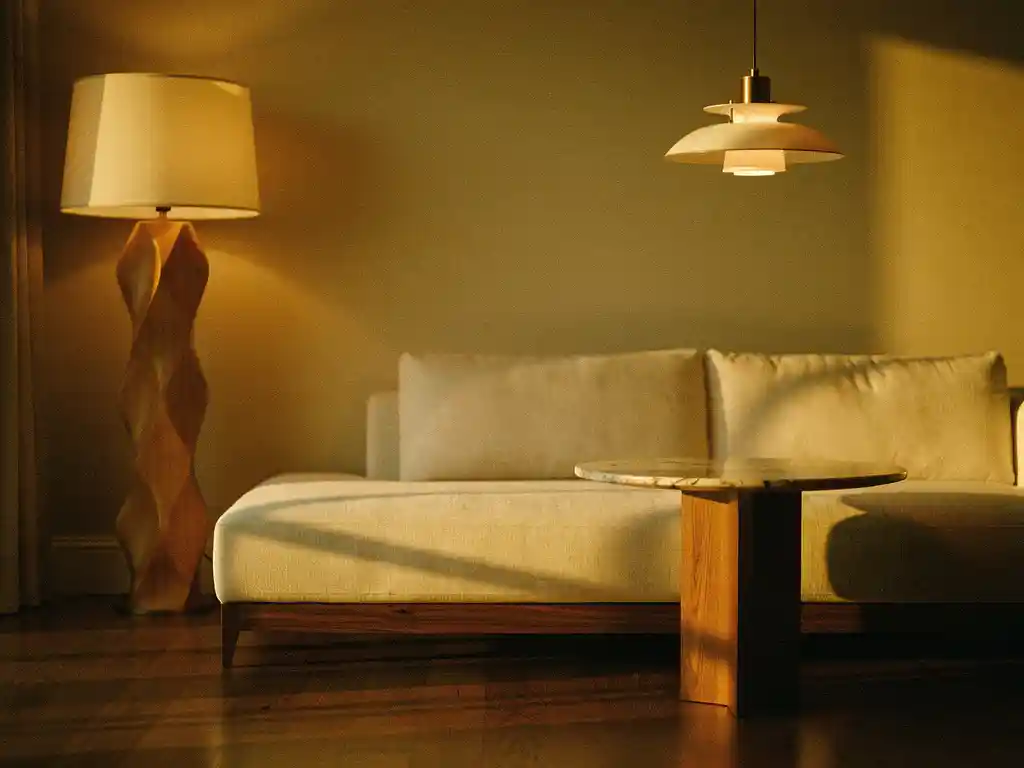 Sculptuurachtige vloerlamp met warm ambergloed naast linnen bank in woonkamer met marmeren bijzettafel en walnoot accenten.