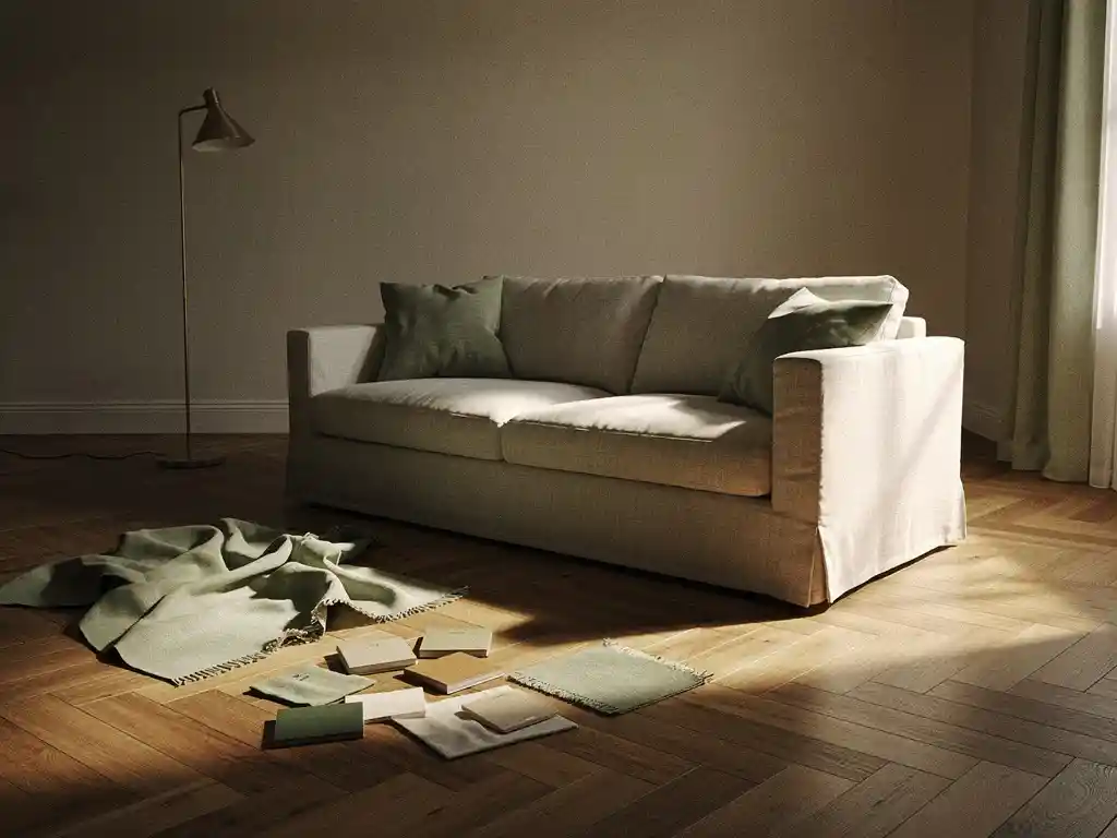 Onafgewerkte woonkamer met linnen bank op onhandige hoek, stoffenstalen en verfchips op visgraat eiken vloer, staande lamp met warm licht.