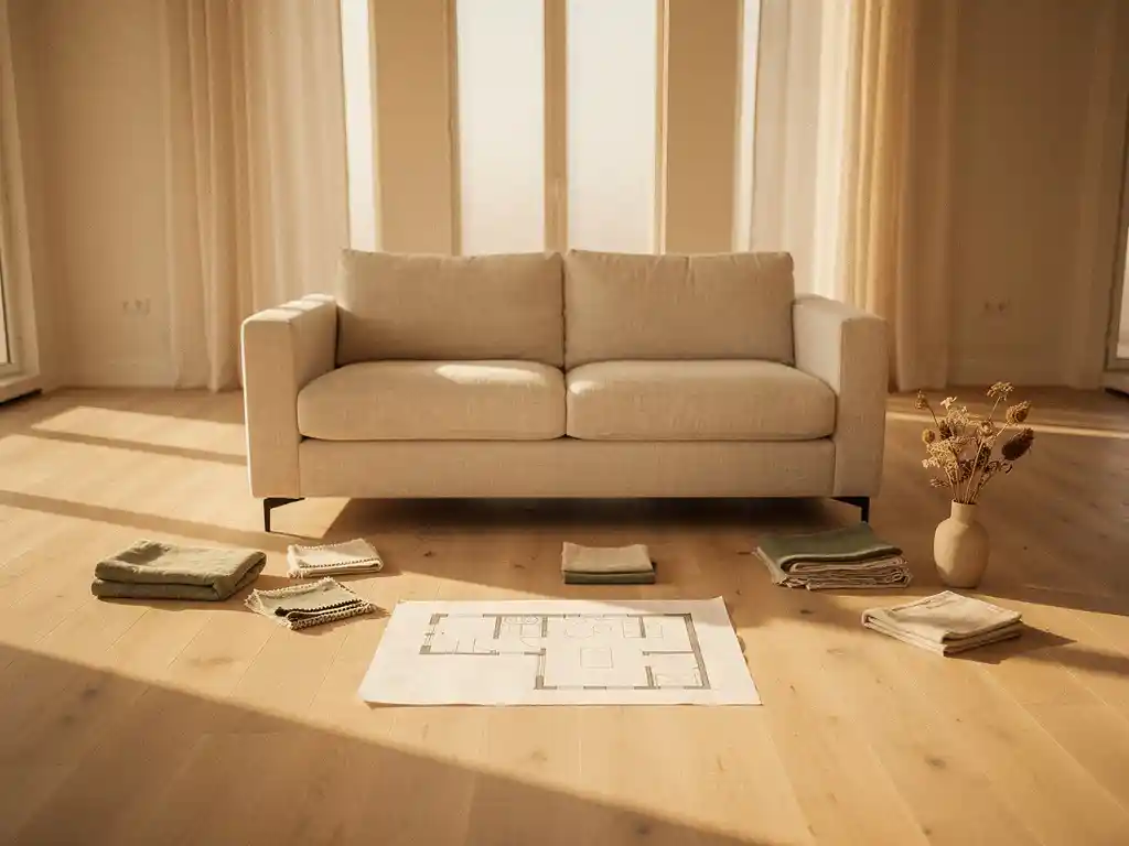 Linnen sofa in lege woonkamer met stoffenstalen, plattegrond en gedroogde botanicals op licht eiken vloer in middaglicht.
