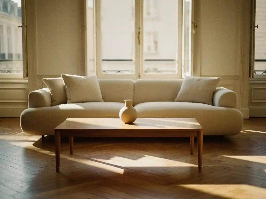 Sculpturale ivoren linnen bank in een tijdloze woonkamer met eiken salontafel, keramische vaas en visgraatparketvloer in warm middaglicht.