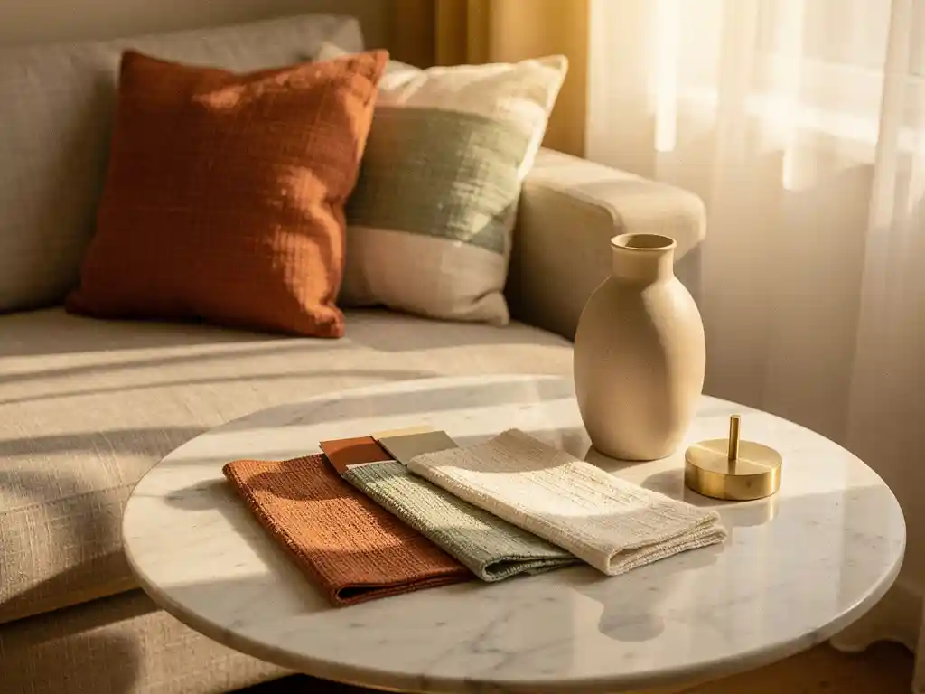 Verfstalen en stoffentesters op marmeren bijzettafel naast linnen bank met terracotta, salie en ivoren kussens in warm middaglicht.