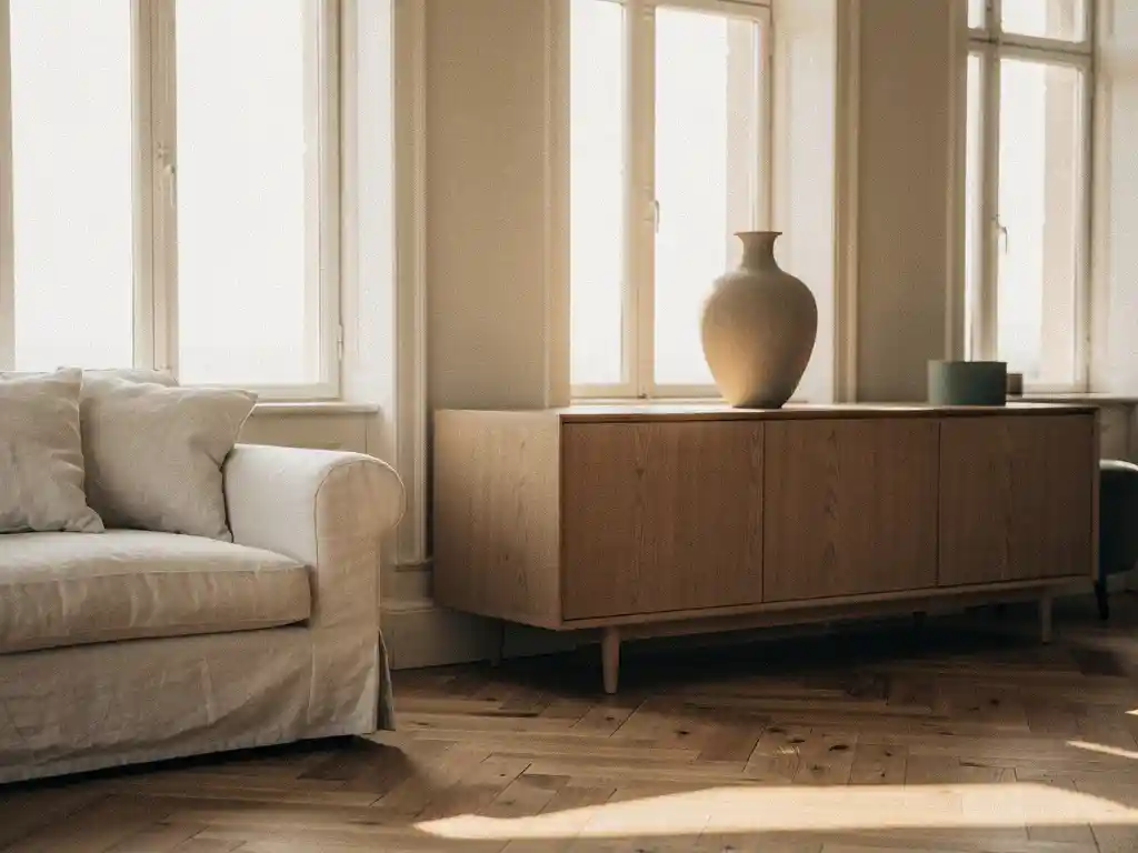 Klassieke woonkamer met linnen bank, eiken dressoir en sculpturaal keramisch vaasje in warm middaglicht op visgraatparket.