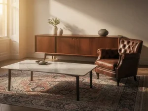 Italiaans marmeren salontafel naast een leren Chesterfield fauteuil, met teakhouten dressoir en Perzisch tapijt in warm gouden middaglicht.