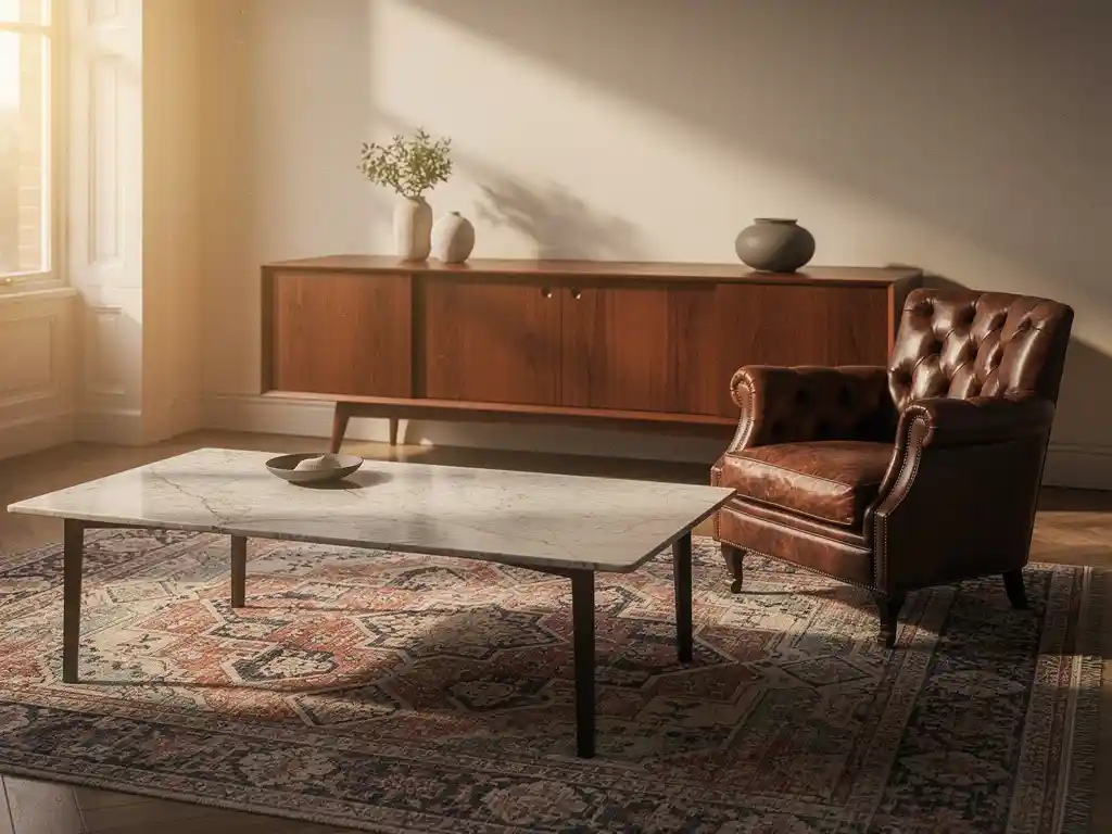 Italiaans marmeren salontafel naast een leren Chesterfield fauteuil, met teakhouten dressoir en Perzisch tapijt in warm gouden middaglicht.