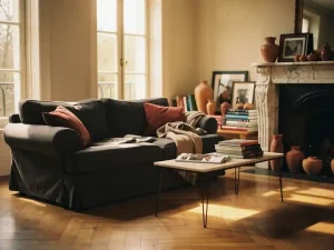 Woonkamer met oversized bank naast tere salontafel, rommelige marmeren schouw en herringbone eiken vloer in warm middaglicht.