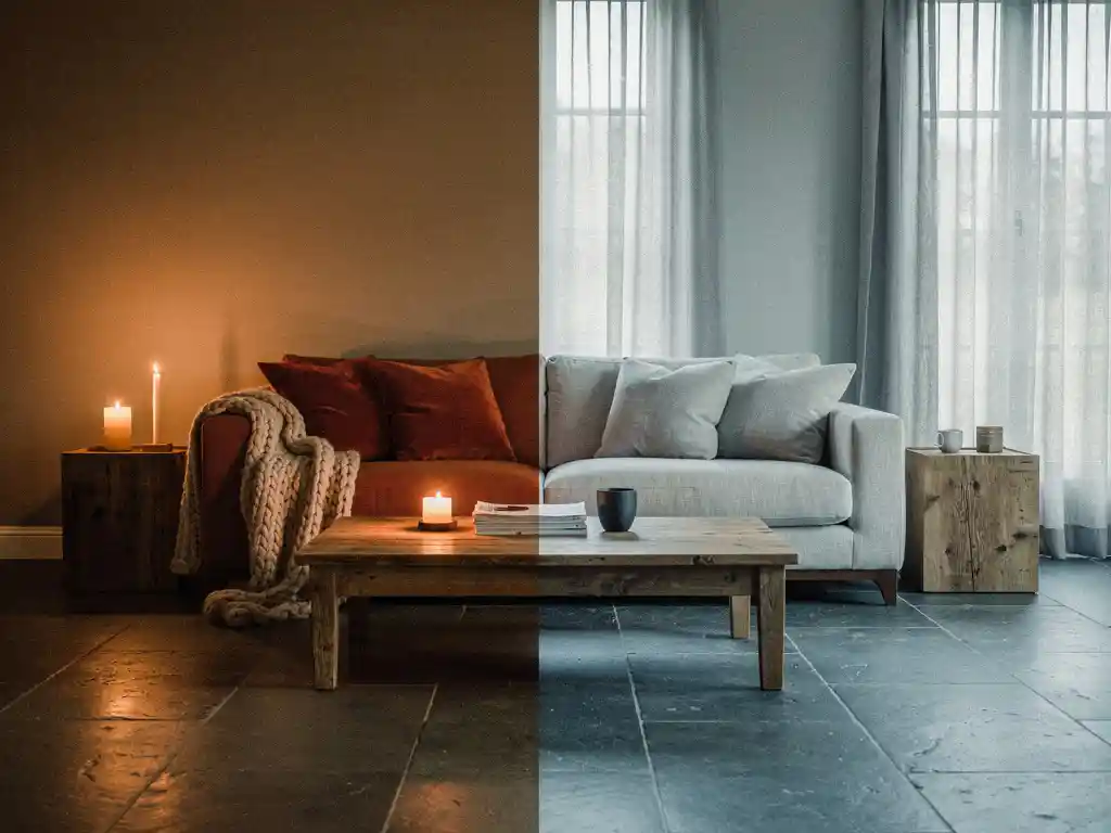 Woonkamer met warm kaarslicht en terracotta kussens aan één kant, koele linnen tinten en leisteen aan de andere kant.
