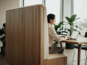 Akoestisch privacypaneel van hout en crème bekleding scheidt een open kantoor, persoon werkt rustig aan een eikenhouten bureau.