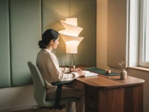 Persoon aan ergonomisch walnoothouten bureau in rustige thuiskantoorhoek met akoestische panelen, open notitieboek en sculptuurlamp.