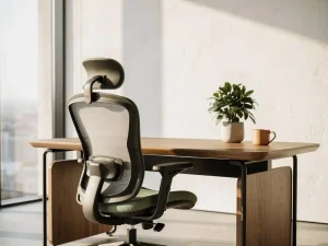 Ergonomische bureaustoel bij een verstelbaar eiken bureau met potplant en keramische mok, verlicht door natuurlijk daglicht.