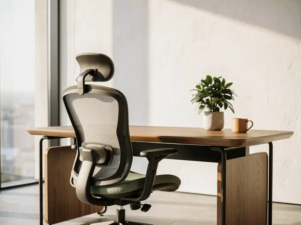 Ergonomische bureaustoel bij een verstelbaar eiken bureau met potplant en keramische mok, verlicht door natuurlijk daglicht.