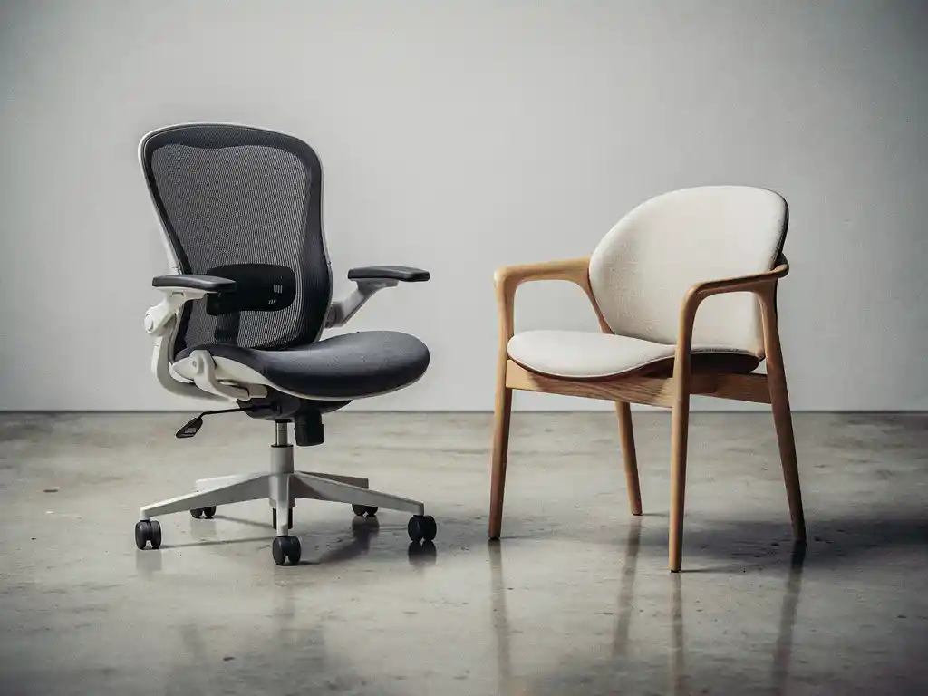 Ergonomische bureaustoel naast een houten thuiswerkstoel van eiken op betonnen vloer, studioverlichting, neutrale tinten.