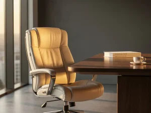 Ergonomische bureaustoel in ivoor leer aan een eikenhouten bureau met koffiemok en designboek, zacht middaglicht.