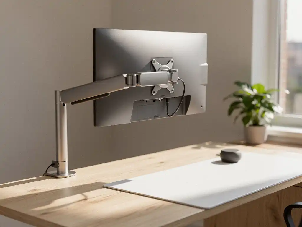 Ergonomische monitor op verstelbare arm boven minimalistisch eiken bureau, warm natuurlijk licht en een plant op de achtergrond.