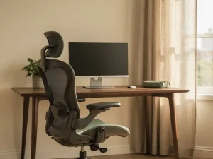 Ergonomische bureaustoel met lendensteunen bij een walnoten bureau, monitor op ooghoogte, zacht natuurlijk daglicht door linnen gordijnen.