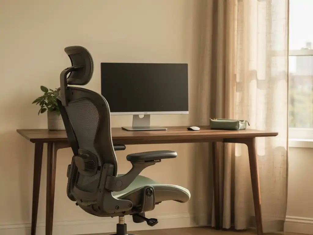 Ergonomische bureaustoel met lendensteunen bij een walnoten bureau, monitor op ooghoogte, zacht natuurlijk daglicht door linnen gordijnen.