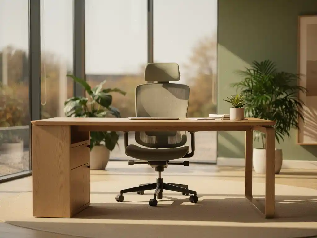 Ergonomische werkplek met naturel eiken bureau, zachte kamerplanten en daglicht via vloer-tot-plafondvensters in een Nederlandstalig kantoor.