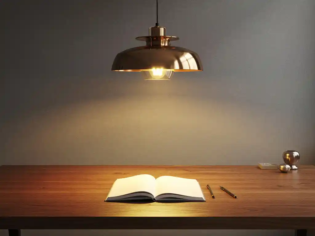 Designerhanglamp boven een eikenhouten bureau met open notitieboek, warm gouden licht contrasteert met koele grijze wanden.