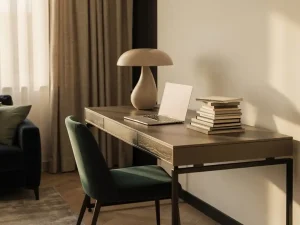 Italiaans design bureau met laptop, materiaalstalen en sculptuurlamp in warme thuiswerkhoek met linnen gordijnen.