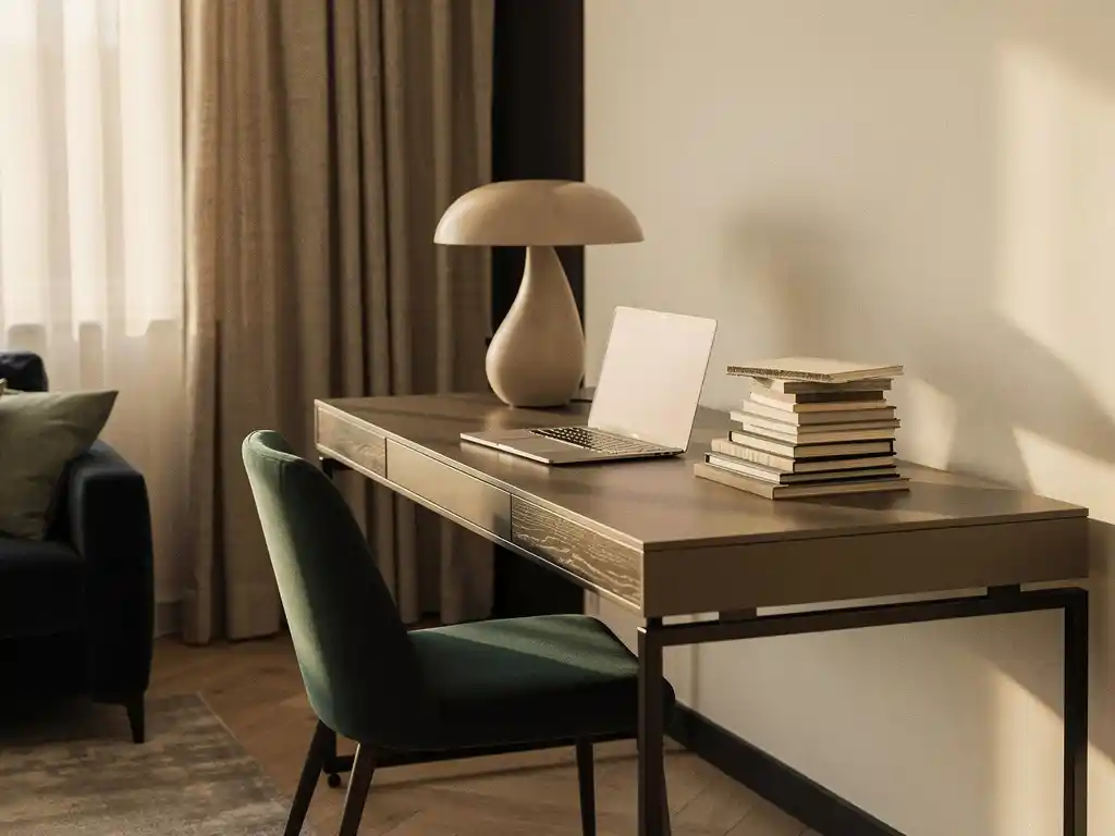 Italiaans design bureau met laptop, materiaalstalen en sculptuurlamp in warme thuiswerkhoek met linnen gordijnen.