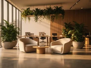 Lichtdoorstroomd open kantoor met Italiaans designmeubilair, eiken oppervlakken, biofiele beplanting en gouden ochtendlicht op betonnen vloer.
