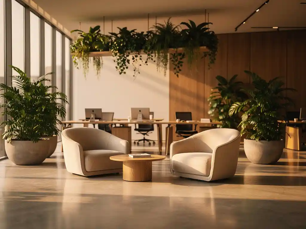 Lichtdoorstroomd open kantoor met Italiaans designmeubilair, eiken oppervlakken, biofiele beplanting en gouden ochtendlicht op betonnen vloer.