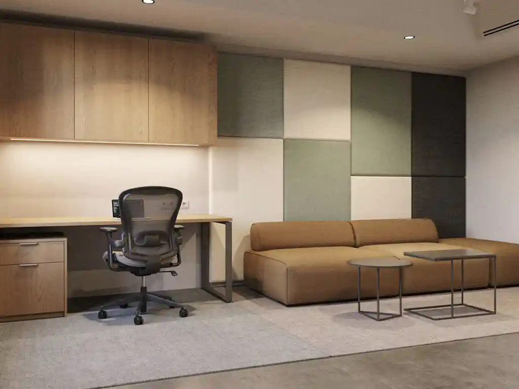 Moderne open kantoorruimte met solo werkplek en lounge hoek, modulaire bank, eiken oppervlakken en akoestische panelen in salie en crème.