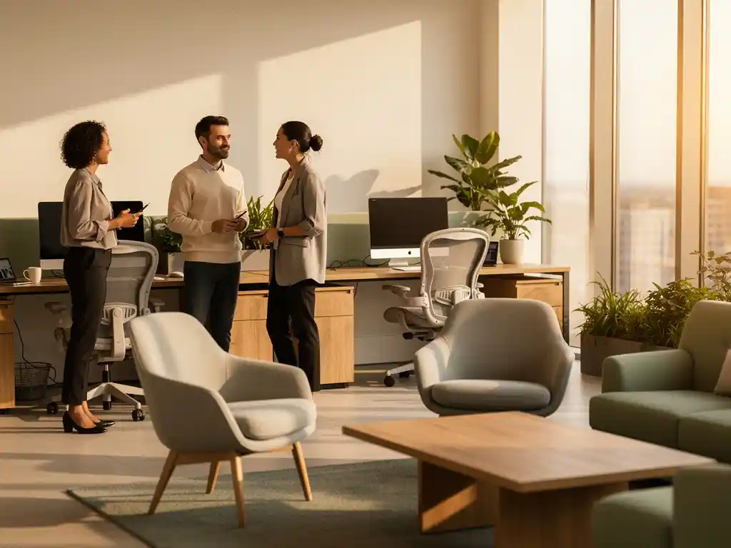 Open kantoorruimte met loungezone en werkplekken, collega's in gesprek bij eiken tafels, salie groene accenten en middagzon.