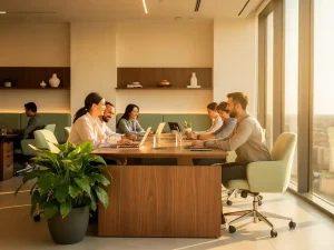 Lichte kantoorruimte met Italiaans design meubilair, eikenhouten bureau, weelderige plant en werknemers in warm natuurlijk licht.