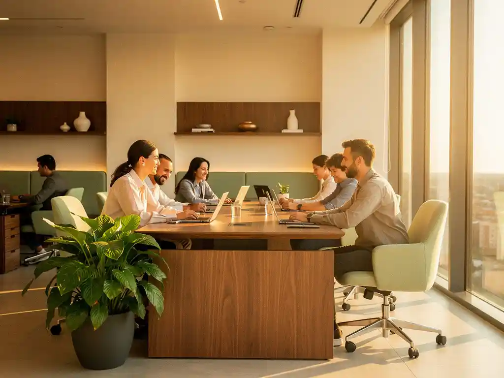 Lichte kantoorruimte met Italiaans design meubilair, eikenhouten bureau, weelderige plant en werknemers in warm natuurlijk licht.