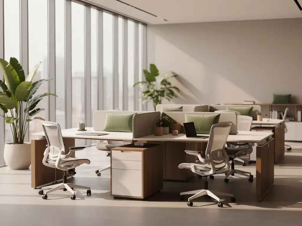 Licht kantoor met modulaire designbureaus, flexwerkplekken en vloer-tot-plafondvensters, Italiaans eiken meubilair en sierlijke kamerplant.