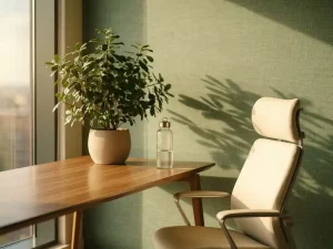 Weelderige kamerplant op een houten bureau in een modern, licht kantoor met glazen waterfles en designstoel.