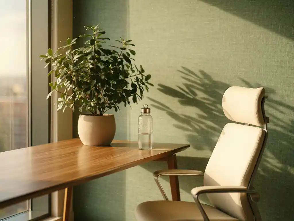 Weelderige kamerplant op een houten bureau in een modern, licht kantoor met glazen waterfles en designstoel.