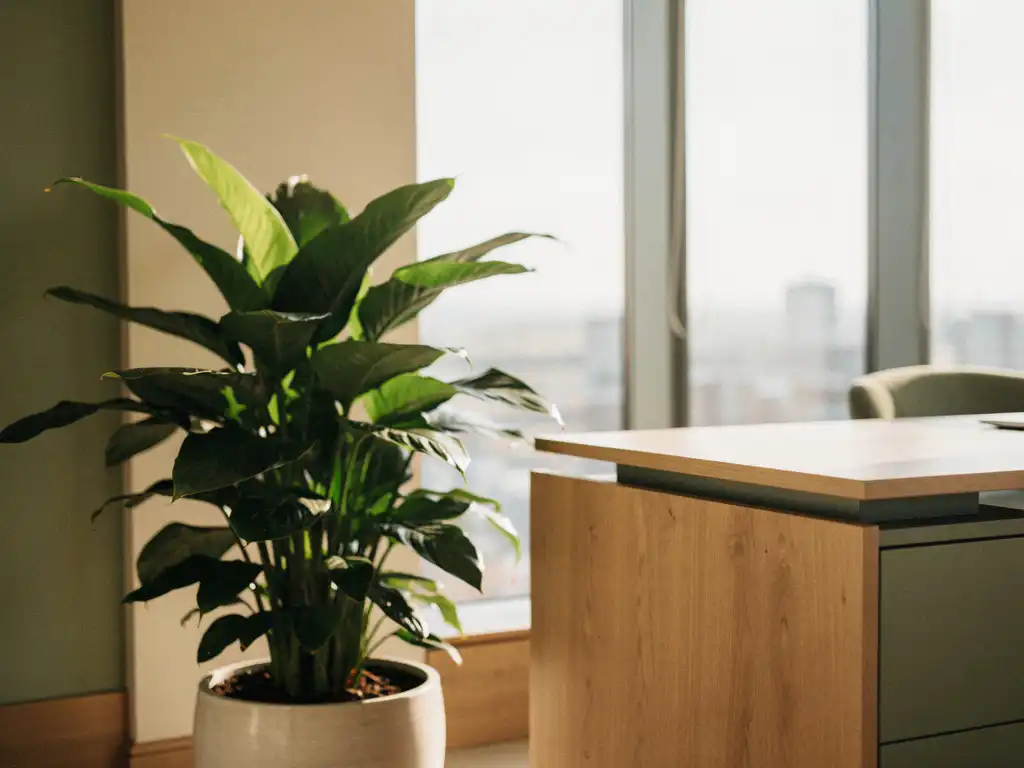 Weelderige kamerplant naast een strak designerbureau in een licht kantoorinterieur met vloer-tot-plafondvensters en naturel eikenhouten accenten.