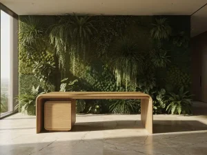 Weelderige levende muurwand met varens en mospanelen achter een Italiaans eikenhouten bureau in een stijlvol kantoor met natuurlijk middaglicht.