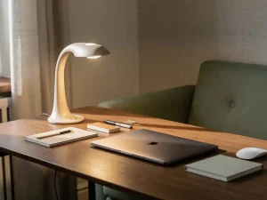 Minimalistische gedeelde werkplek met sculptuurlamp, premium kantoorartikelen en laptop op eiken bureau met linnen en saliegroen accenten.