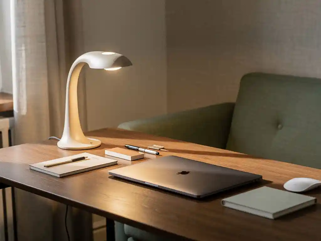 Minimalistische gedeelde werkplek met sculptuurlamp, premium kantoorartikelen en laptop op eiken bureau met linnen en saliegroen accenten.