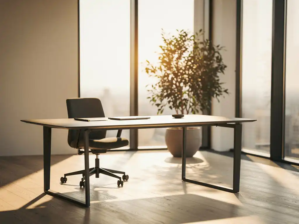 Moderne werkplek met Italiaans design meubilair, warm daglicht door vloer-tot-plafond ramen en een silhouet van een kamerplant op eiken vloer.