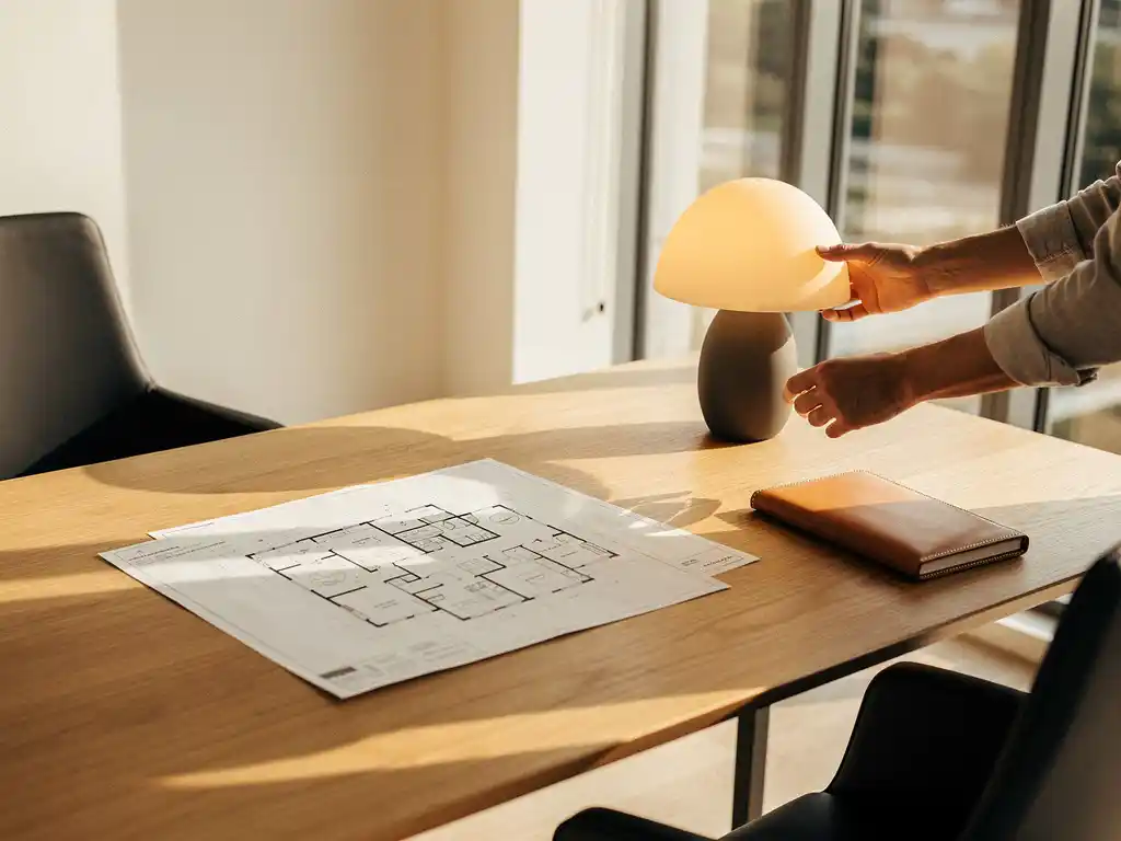 Minimalistische designerwerkplek met architectuurplattegronden, leren notitieboek en sculpturaal tafellampje in warm natuurlijk kantoor.