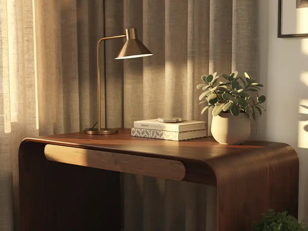 Sculptuurachtig walnoten bureau met taaklamp, designboeken en kamerplant in een stijlvolle thuiskantoorhoek met linnen gordijnen.